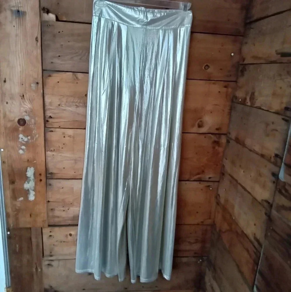 Love And Lemonade Pants Womens L Shiny Silver Super Wide Leg/Long Holiday - Picture 1 of 8